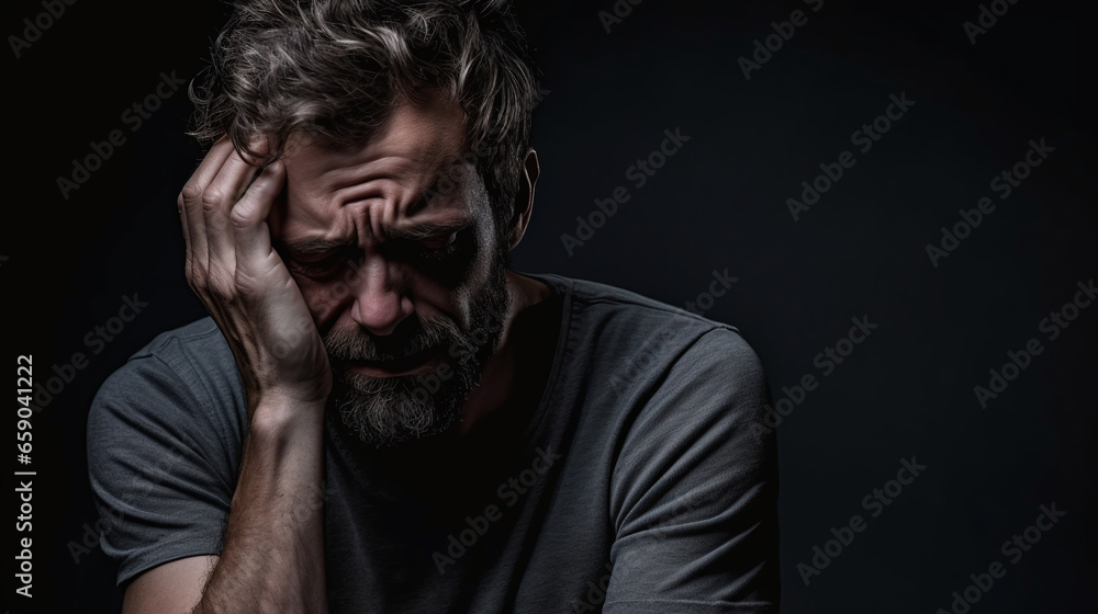 A man struggling with depression on a black background. A man struggling with depression on a black background.
