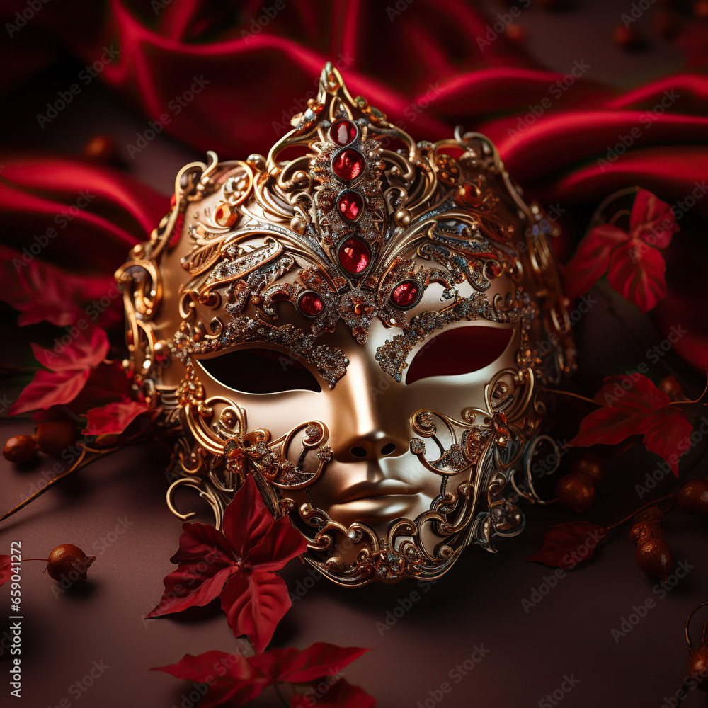Mysterious Elegance: A Gold Masquerade Mask Amidst Red Satin Ribbons Mysterious Elegance: A Gold Masquerade Mask Amidst Red Satin Ribbons