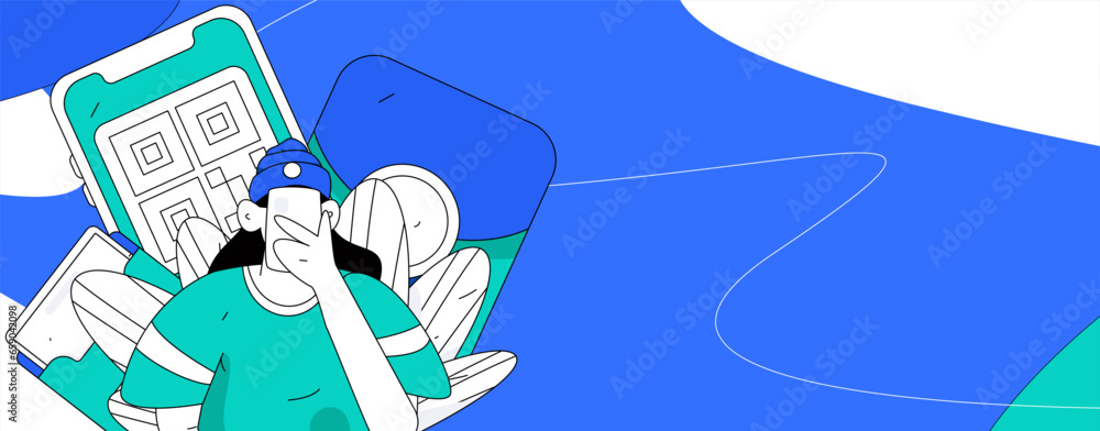 Fototapeta premium Holiday shopping people doing e-commerce online shopping flat vector concept operation hand drawn illustration