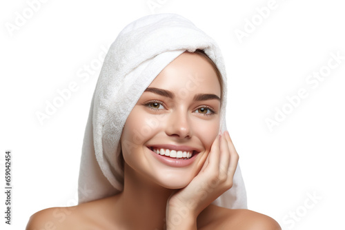 Studio shot of a carefree pleased woman with a facial scrub, cares about her well-being and perfect appearance, wrapped in a towel, focused aside with a happy expression