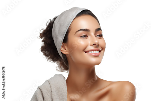 Studio shot of a carefree pleased woman with a facial scrub, cares about her well-being and perfect appearance, wrapped in a towel, focused aside with a happy expression photo