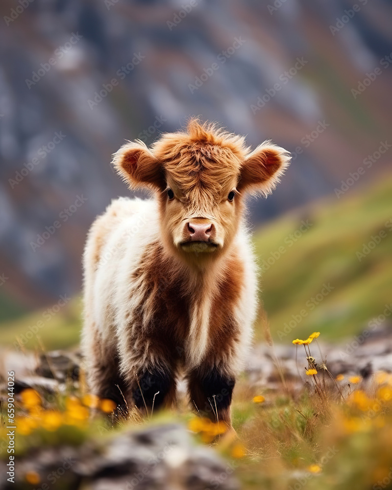 Fototapeta premium Innocence in the Meadow: A Cute Calf Amidst Nature's Canvas