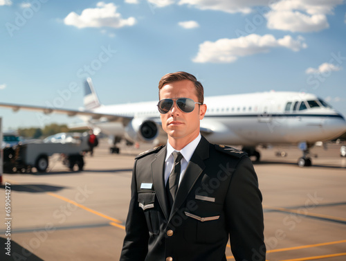 Portrait of a handsome young man in a suit and sunglasses on the background of an airplane. Generative AI