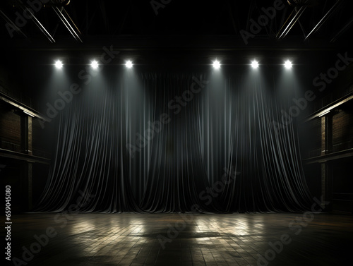 Theater stage with black curtains and spotlights background. Generative AI