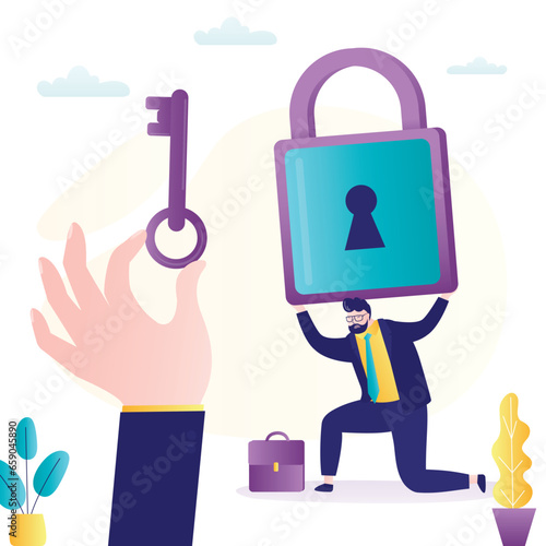 Businessman tries to lift giant padlock. Challenges, problems and difficulties. Mentor hand give key, business coach help overcoming business obstacles and troubles. Workload is too heavy