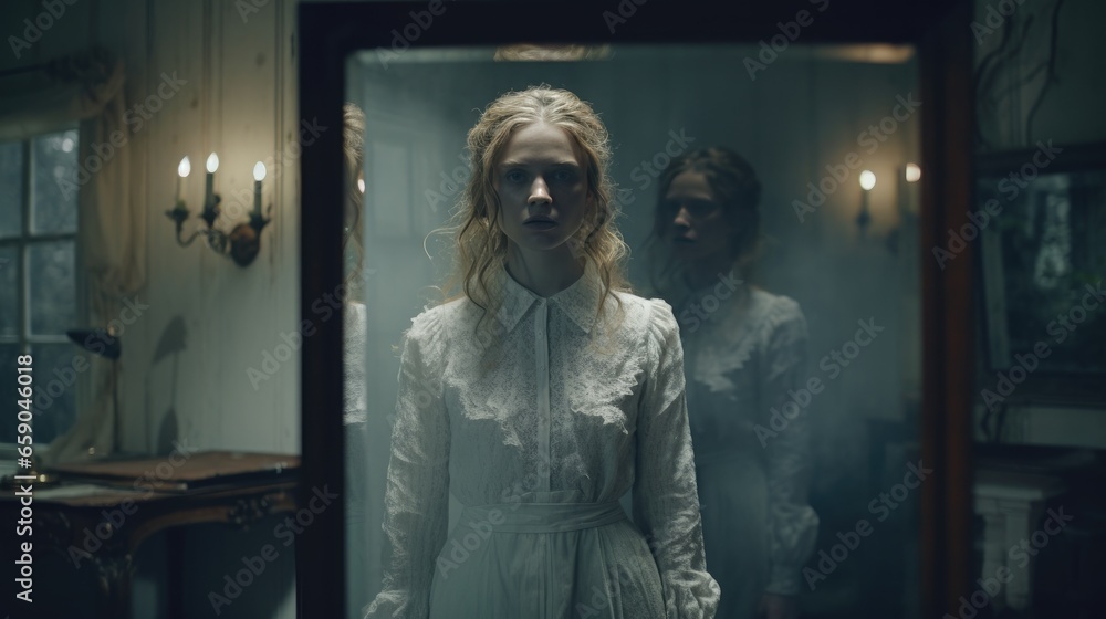 An eerie, vintage scene where a ghostly woman gazes into an antique mirror, creating a haunting and introspective atmosphere in a mysterious, historic room - obrazy, fototapety, plakaty 