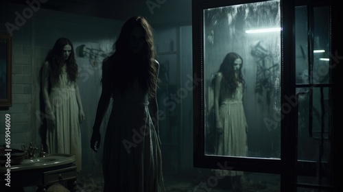 An eerie, vintage scene where a ghostly woman gazes into an antique mirror, creating a haunting and introspective atmosphere in a mysterious, historic room