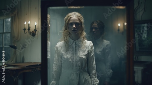 An eerie, vintage scene where a ghostly woman gazes into an antique mirror, creating a haunting and introspective atmosphere in a mysterious, historic room