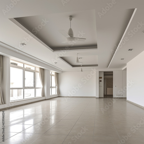 An empty white room with a wooden floor 