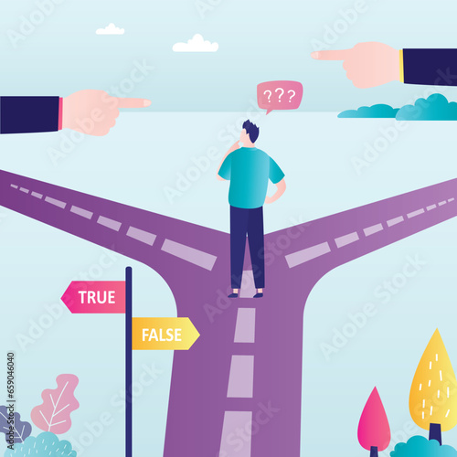Crossroad, signs and big hands point in various directions. Unhappy businessman stands and thinks about right direction of business development. Problem of choice, false and true way.