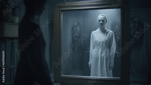 An eerie, vintage scene where a ghostly woman gazes into an antique mirror, creating a haunting and introspective atmosphere in a mysterious, historic room
