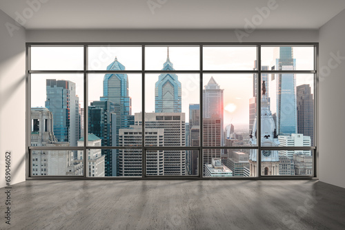 Empty room Interior Skyscrapers View Cityscape. Downtown Philadelphia City Skyline Buildings from High Rise Window. Beautiful Real Estate. Sunset. 3d rendering. © VideoFlow
