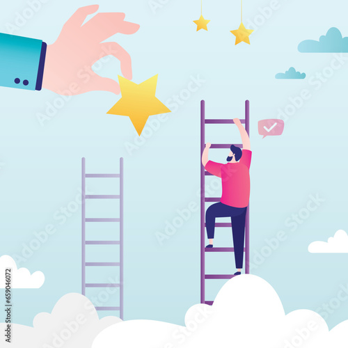 Male employee risen high on career ladder and receives reward. Best worker of month. Winning business competition. Winner gets huge star. High qualification
