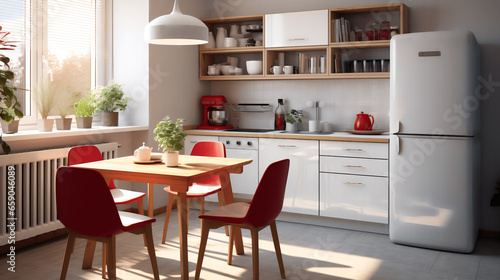 Small, Illuminated Kitchen with White Dining Table, Red Chairs, and Natural Light, generative Ai © Aleksandr