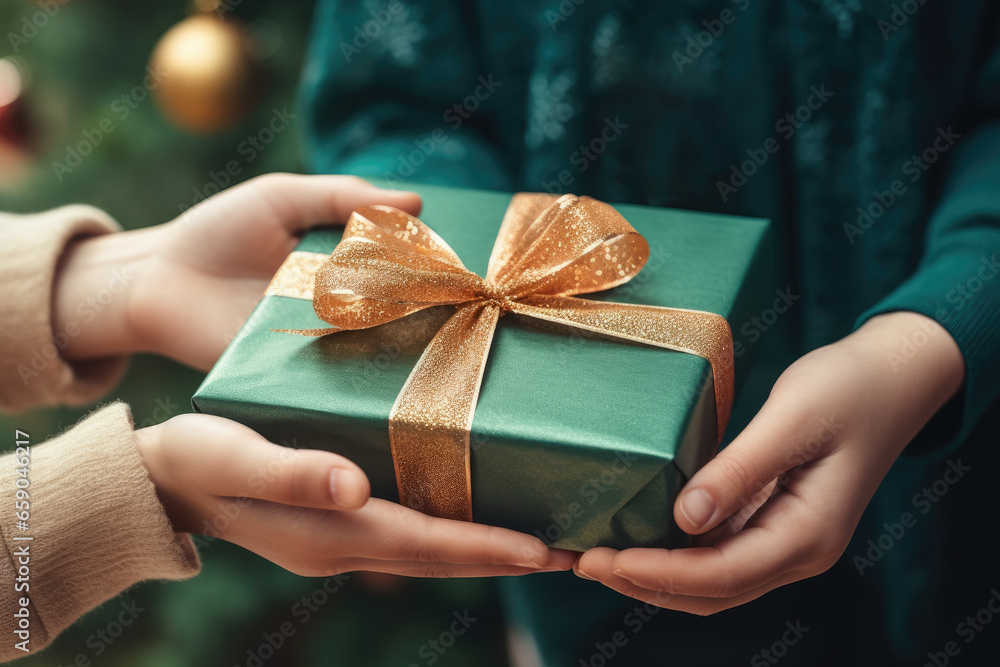 Two kids hands holding green present box with gold satin ribbon. Present for Christmas, New year, Three Kings day - obrazy, fototapety, plakaty 