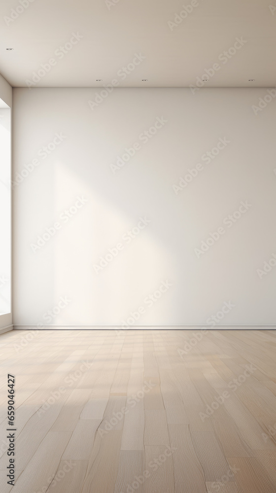 An empty white room with a wooden floor An empty white room with a wooden floor