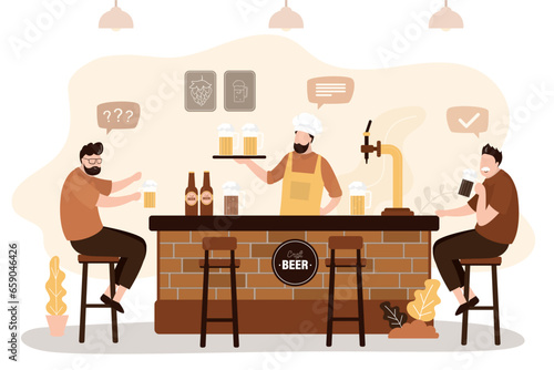Bar or pub interior, various people sitting at table or counter drink beer and talking. Bartender at the bar counter. Modern craft beer pub, weekend party. Rest with alcohol.