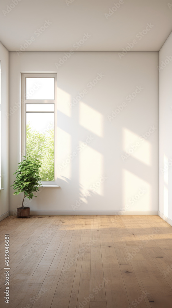 An empty white room with a wooden floor and potted a plant An empty white room with a wooden floor and potted a plant