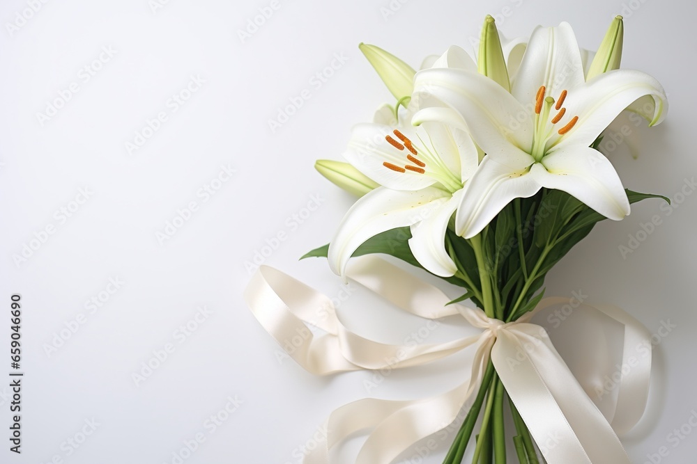 White lily bouquet with ribbon on white background.Funeral Concept