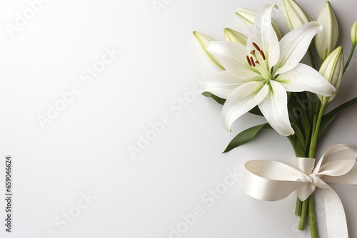 White lily bouquet with ribbon on white background.Funeral Concept