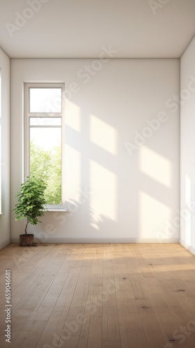 An empty white room with a wooden floor and potted a plant © sultan