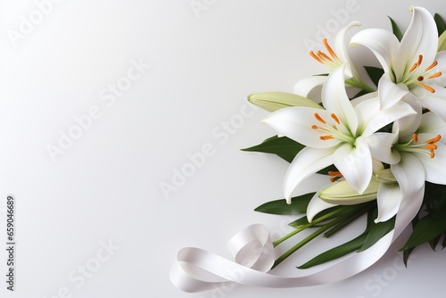 White lily bouquet with ribbon on white background.Funeral Concept