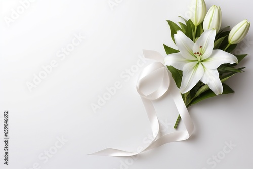 White lily bouquet with ribbon on white background.Funeral Concept