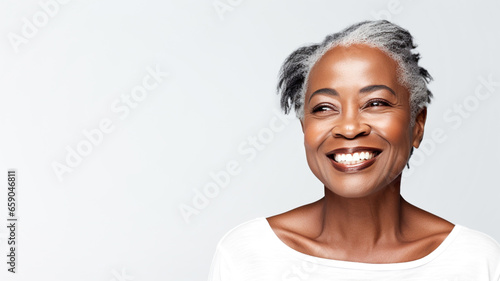 Black beautiful woman portrait with smooth health skin face. Beautiful aging mature woman with gray hair and happy smiling touch face. Skin care beauty, skincare cosmetics, advertising concept. © BlazingDesigns