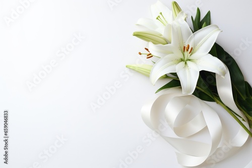 White lily bouquet with ribbon on white background.Funeral Concept