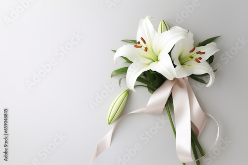 White lily bouquet with ribbon on white background.Funeral Concept