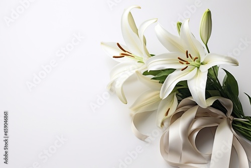 White lily bouquet with ribbon on white background.Funeral Concept