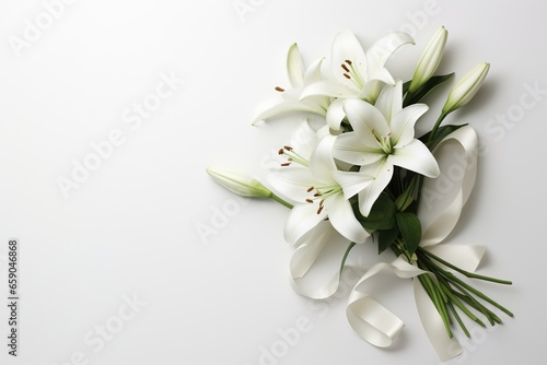 White lily bouquet with ribbon on white background.Funeral Concept