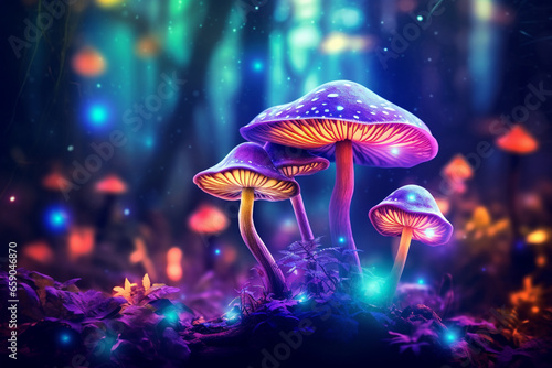 mushroom plants at night with bright neon colors