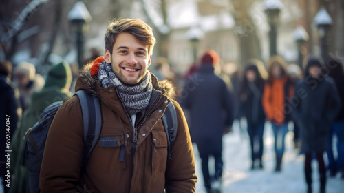 stockphoto, copy space, Cheerful male abroad student on campus with other students walking in background, winter scene. Young adult people, education, winter. Young male student on the campus. Outdoor
