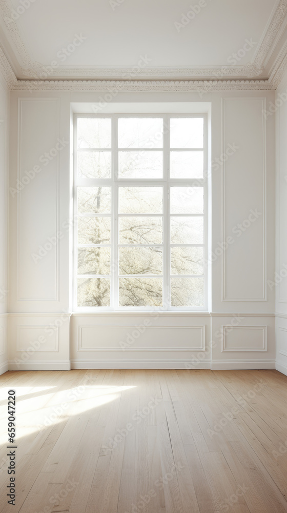 An empty white room with a wooden floor