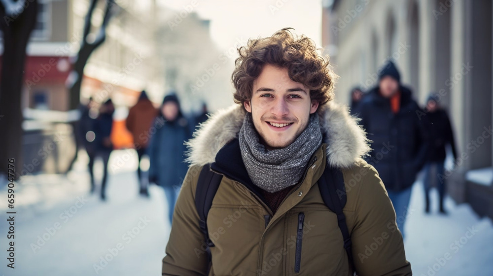 stockphoto, copy space, Cheerful male abroad student on campus with other students walking in background, winter scene. Young adult people, education, winter. Young male student on the campus. Outdoor stockphoto, copy space, Cheerful male abroad student on campus with other students walking in background, winter scene. Young adult people, education, winter. Young male student on the campus. Outdoor
