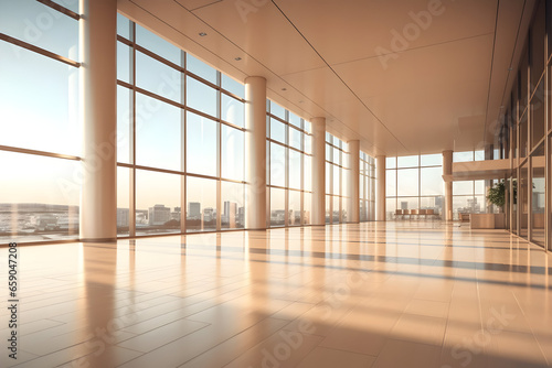A Stunning  Spacious Office Hall with Panoramic Windows  Offering a Perspective in Soothing Natural Beige and Brown Tones