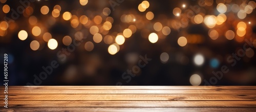 Christmas themed table with blurred kitchen in the background Festive bokeh adds a golden touch Perfect for product displays
