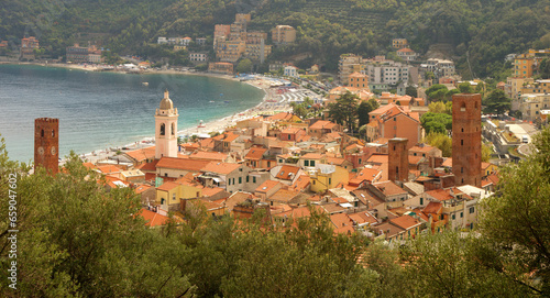 Tableau sur toile Ligurian village of Noli and bay viewed from the castle