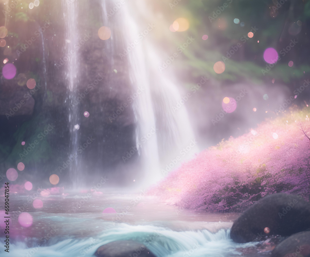 Soft pink background with waterfall in the fog. AI