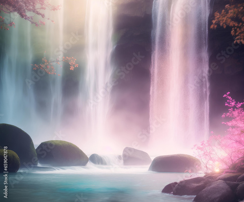 Soft pink background with waterfall in the fog. AI