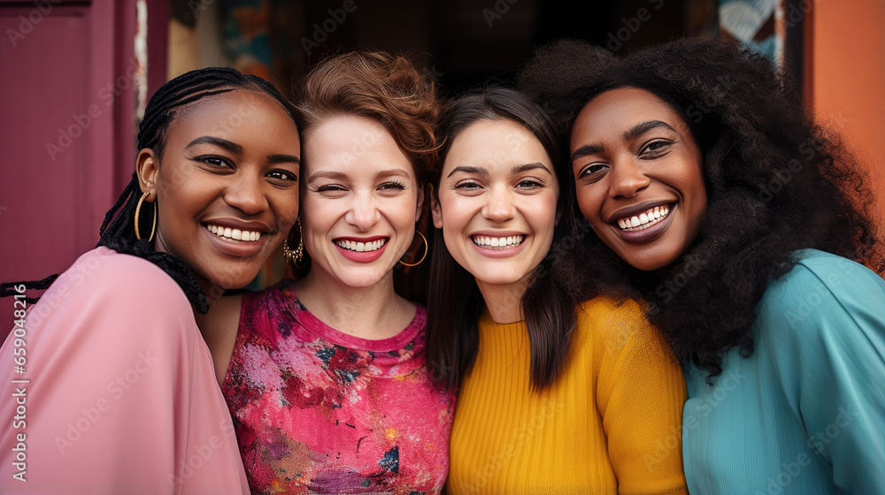 Multicultural Female Friends Smiling Happily, A vibrant image featuring a diverse group of young women, radiating joy and friendship as they share a moment of laughter and happiness outdoors - obrazy, fototapety, plakaty 