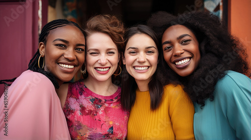 Multicultural Female Friends Smiling Happily, A vibrant image featuring a diverse group of young women, radiating joy and friendship as they share a moment of laughter and happiness outdoors photo