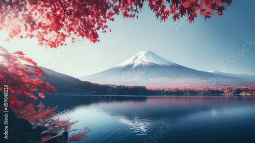 Mount Fuji with morning fog and reflection at lake Kawaguchiko. Japan tourism.