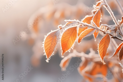 The Stunning Beauty of Late Autumn or Early Winter, Where Vibrant Orange Leaves Glisten with Frost