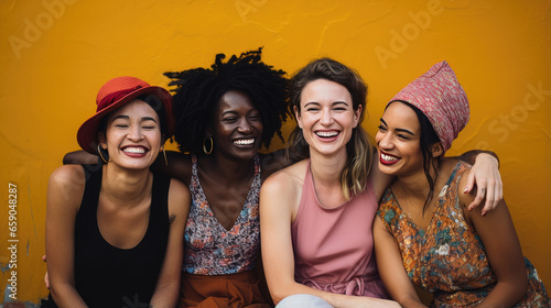 Multicultural Female Friends Smiling Happily, A vibrant image featuring a diverse group of young women, radiating joy and friendship as they share a moment of laughter and happiness outdoors