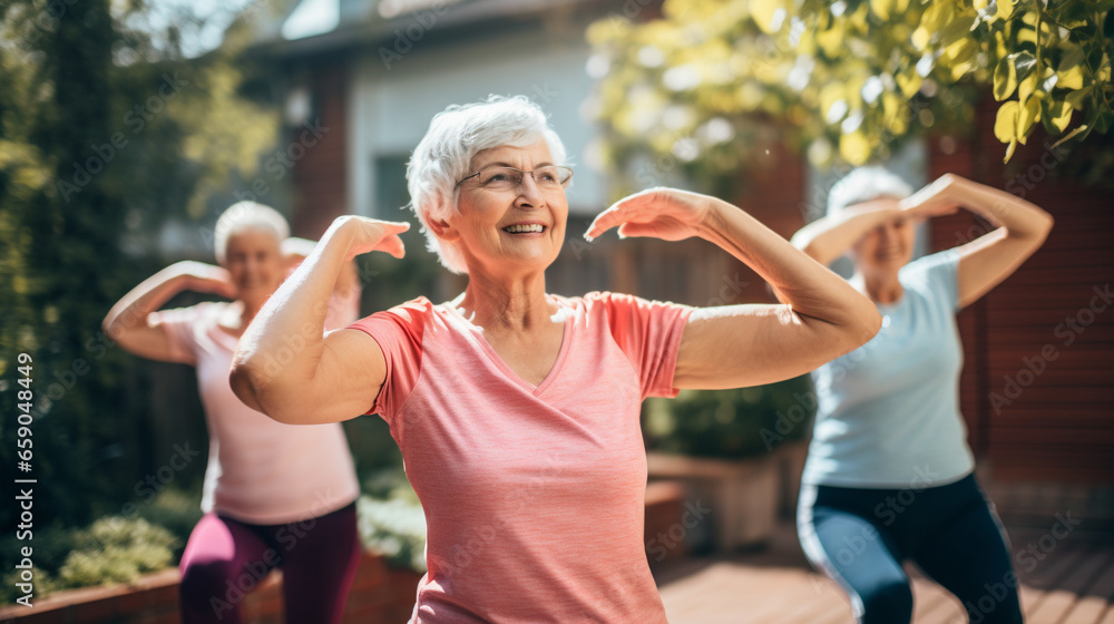 Obraz premium Senior woman doing exercise in the outdoor. Healthy lifestyle concept