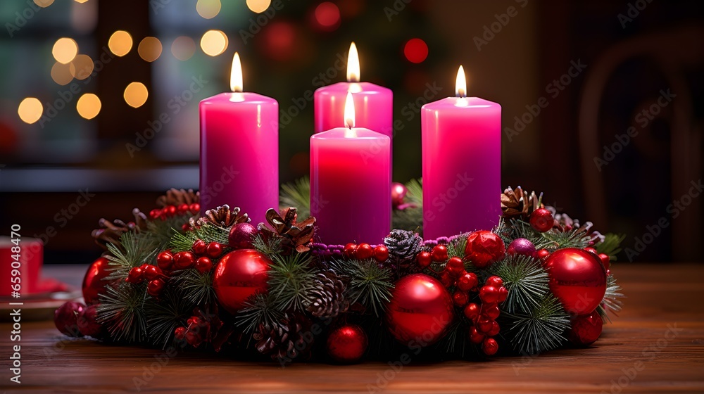 Close up of an Advent Wreath with four burning Candles. Festive Christmas Background