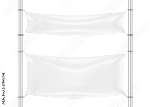 Across the street banners vector mockup. White blank outdoor vinyl billboard banner. Empty horizontal advertising streamer sign hanging on street poles mock-up. Template for design