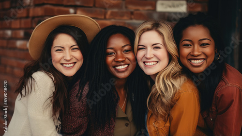 Multicultural Female Friends Smiling Happily, A vibrant image featuring a diverse group of young women, radiating joy and friendship as they share a moment of laughter and happiness outdoors